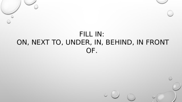 Fill in:  on, next to, under, in, behind, in front of . 