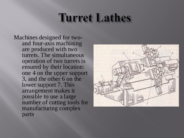 Machines designed for two- and four-axis machining are produced with two turrets. The simultaneous operation of two turrets is ensured by their location: one 4 on the upper support 3, and the other 6 on the lower support 7. This arrangement makes it possible to use a large number of cutting tools for manufacturing complex parts .  
