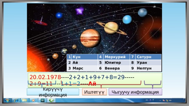 1 2 Кун 3 4 Ай Марс 5 Меркурий Юпитер 7 6 Венера 8 Сатурн 9 Уран Нептун 20.02.1978 ---- 2+2+1+9+7+8=29 ----- 2+9=11 ---- 1+1=2 ---- Ай Чыгуучу информация Кирүүчү информация Иштетүү 