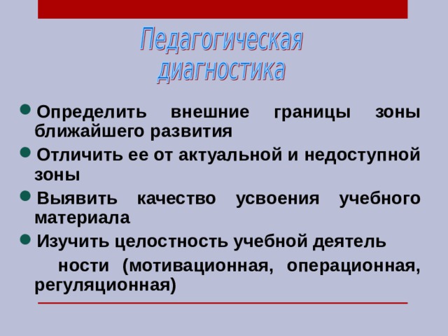 Определить внешние границы зоны ближайшего развития Отличить ее от актуальной и недоступной зоны Выявить качество усвоения учебного материала Изучить целостность учебной деятель  ности (мотивационная, операционная, регуляционная)  