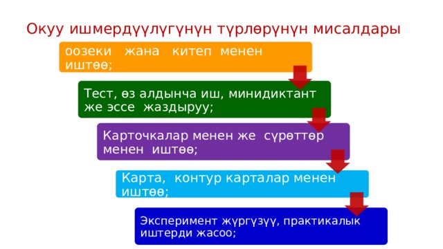 Окуу ишмердүүлүгүнүн түрлөрүнүн мисалдары оозеки жана китеп менен иштөө; Тест, өз алдынча иш, минидиктант же эссе жаздыруу; Карточкалар менен же сүрөттөр менен иштөө; Карта, контур карталар менен иштөө; Эксперимент жүргүзүү, практикалык иштерди жасоо; 