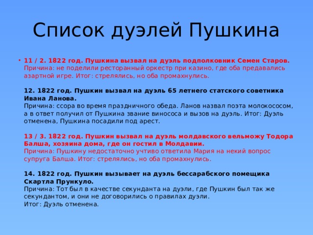 Список дуэлей Пушкина 11 / 2. 1822 год. Пушкина вызвал на дуэль подполковник Семен Старов.  Причина: не поделили ресторанный оркестр при казино, где оба предавались азартной игре. Итог: стрелялись, но оба промахнулись.   12. 1822 год. Пушкин вызвал на дуэль 65 летнего статского советника Ивана Ланова.  Причина: ссора во время праздничного обеда. Ланов назвал поэта молокососом, а в ответ получил от Пушкина звание винососа и вызов на дуэль. Итог: Дуэль отменена, Пушкина посадили под арест.   13 / 3. 1822 год. Пушкин вызвал на дуэль молдавского вельможу Тодора Балша, хозяина дома, где он гостил в Молдавии.  Причина: Пушкину недостаточно учтиво ответила Мария на некий вопрос супруга Балша. Итог: стрелялись, но оба промахнулись.   14. 1822 год. Пушкин вызывает на дуэль бессарабского помещика Скартла Прункуло.  Причина: Тот был в качестве секунданта на дуэли, где Пушкин был так же секундантом, и oни не договорились о правилах дуэли.  Итог: Дуэль отменена. 