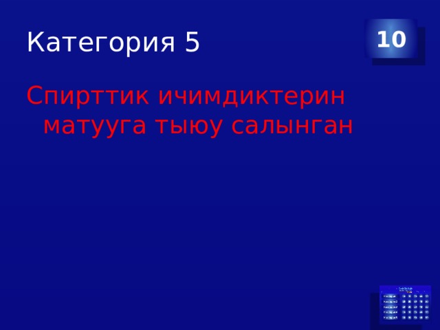 Категория 5 10 Спирттик ичимдиктерин матууга тыюу салынган 