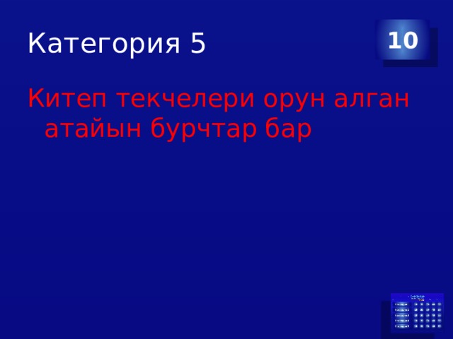 Категория 5 10 Китеп текчелери орун алган атайын бурчтар бар 