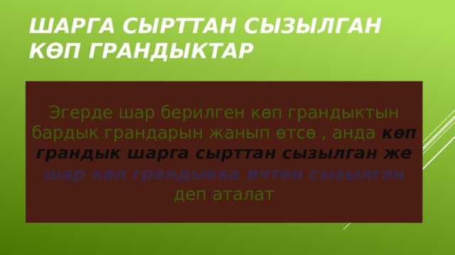 шарга сырттан сызылган көп грандыктар Эгерде шар берилген көп грандыктын бардык грандарын жанып өтсө , анда көп грандык шарга сырттан сызылган же шар  көп грандыкка ичтен сызылган деп аталат 