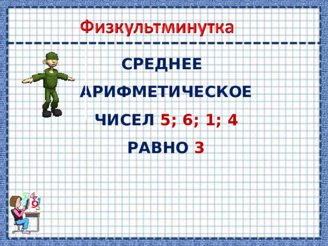 СРЕДНЕЕ АРИФМЕТИЧЕСКОЕ ЧИСЕЛ 5; 6; 1; 4 РАВНО 3 
