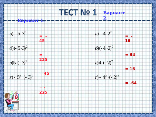 Вариант 2. Вариант 1.  = -45   = 225   = 45   = -225  = -16   = 64   = 16   = -64  