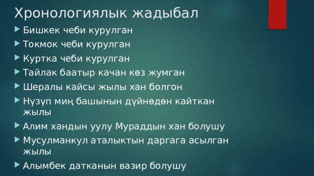 Хронологиялык жадыбал Бишкек чеби курулган Токмок чеби курулган Куртка чеби курулган Тайлак баатыр качан көз жумган Шералы кайсы жылы хан болгон Нүзүп миң башынын дүйнөдөн кайткан жылы Алим хандын уулу Мураддын хан болушу Мусулманкул аталыктын даргага асылган жылы Алымбек датканын вазир болушу 