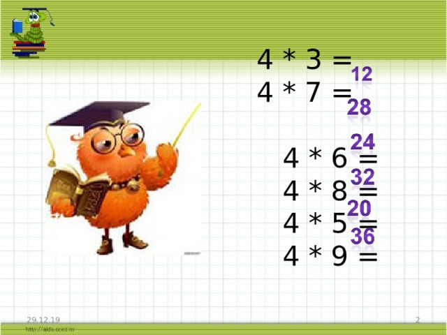  4 * 3 =      4 * 7 =  4 * 6 =  4 * 8 =  4 * 5 =  4 * 9 = 29.12.19  