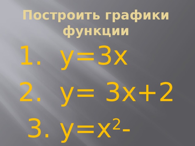    Построить графики функции 1. y=3x 2. y= 3x+2  3. y=x 2 -2x+5 