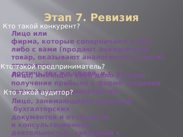 Этап 7. Ревизия Кто такой конкурент? Лицо или фирма, которые соперничают в чём-либо с вами (продают аналогичный товар, оказывают аналогичные услуги),  стремятся  достичь тех же целей  и т. п. Кто такой предприниматель? Лицо, имеющее своё дело в целях получения прибыли в форме создания торговли или производства Кто такой аудитор? Лицо, занимающееся ревизией  бухгалтерских документов и отчётности и консультационной деятельностью, связанной с наладкой бухгалтерского учёта 
