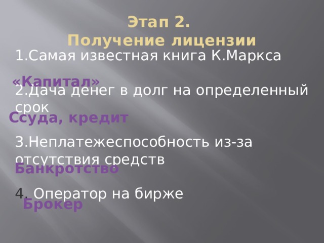 Самая известная книга К.Маркса Дача денег в долг на определенный срок Неплатежеспособность из-за отсутствия средств 4. Оператор на бирже Этап 2.  Получение лицензии «Капитал» Ссуда, кредит Банкротство Брокер 
