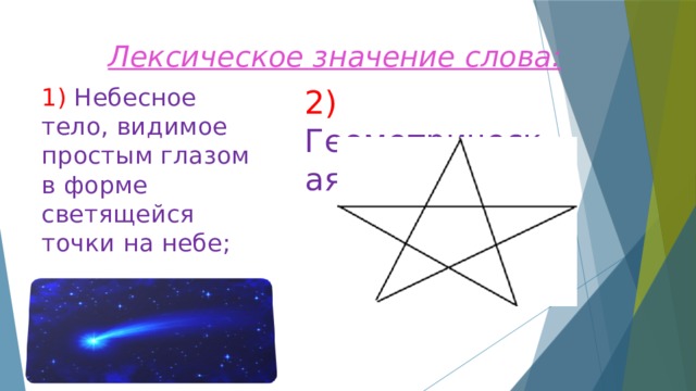 Лексическое значение слова:   1) Небесное тело, видимое простым глазом в форме светящейся точки на небе; 2) Геометрическая фигура; 