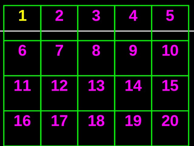 1 6 2 7 11 3 4 8 12 16 5 9 17 13 10 14 18 15 19 20 