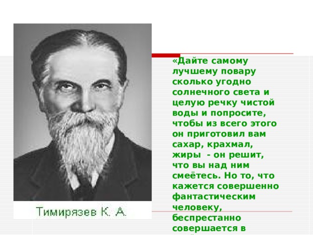 «Дайте самому лучшему повару сколько угодно солнечного света и целую речку чистой воды и попросите, чтобы из всего этого он приготовил вам сахар, крахмал, жиры - он решит, что вы над ним смеётесь. Но то, что кажется совершенно фантастическим человеку, беспрестанно совершается в зелёных листьях растений.» 