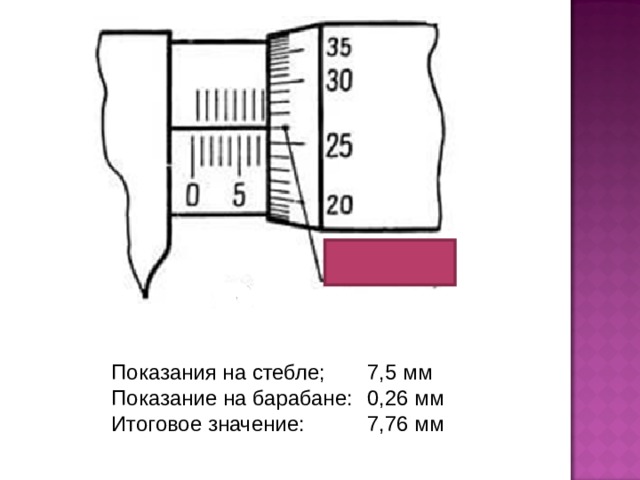 Показания на стебле;  7,5 мм Показание на барабане:  0,26 мм Итоговое значение:  7,76 мм 