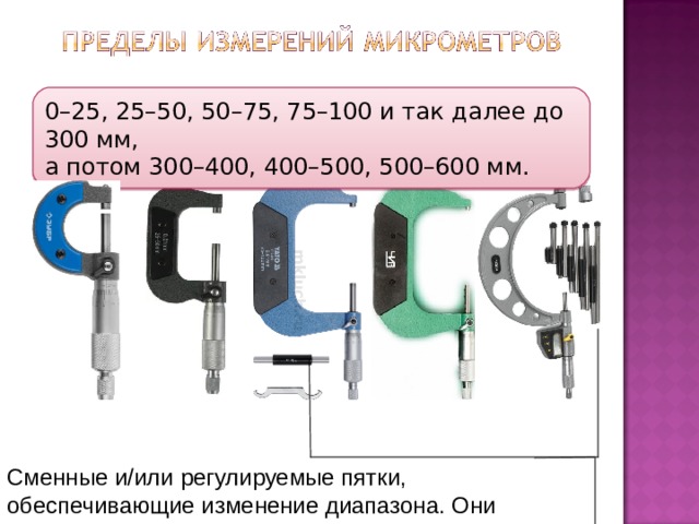 0–25, 25–50, 50–75, 75–100 и так далее до 300 мм, а потом 300–400, 400–500, 500–600 мм. Сменные и/или регулируемые пятки Сменные и/или регулируемые пятки, обеспечивающие изменение диапазона. Они крепятся крепятся в заданном положении фиксаторами 1 (см. рис. 1.16, б), а сменные пятки 3 — гайками 1 и 2 (см. рис. 1.16, б 