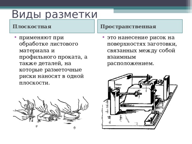 Виды разметки Плоскостная Пространственная применяют при обработке листового материала и профильного проката, а также деталей, на которые разметочные риски наносят в одной плоскости. это нанесение рисок на поверхностях заготовки, связанных между собой взаимным расположением.  