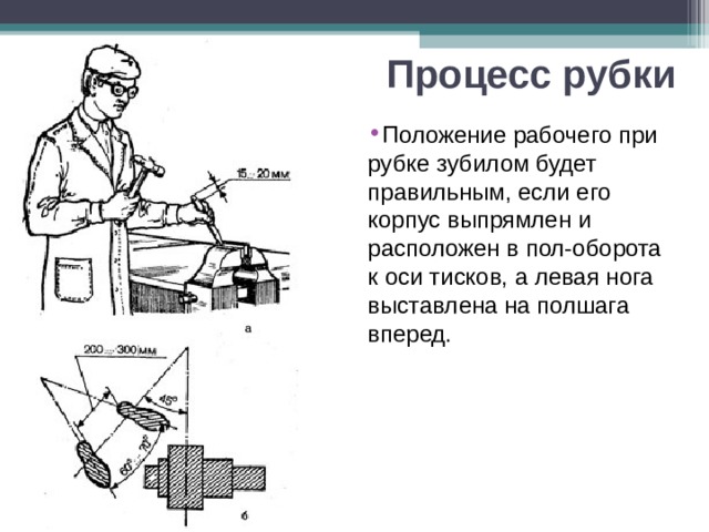 Процесс рубки  Положение рабочего при рубке зубилом будет правильным, если его корпус выпрямлен и расположен в пол-оборота к оси тисков, а левая нога выставлена на полшага вперед.  