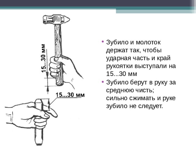 Зубило и молоток держат так, чтобы ударная часть и край рукоятки выступали на 15...30 мм Зубило берут в руку за среднюю чисть; сильно сжимать и руке зубило не следует. 