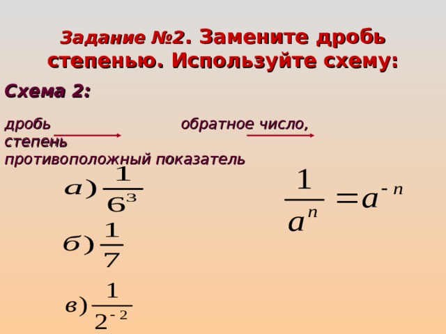 Задание №2 . Замените дробь степенью. Используйте схему:  Схема 2:  дробь  обратное число,  степень    противоположный показатель  