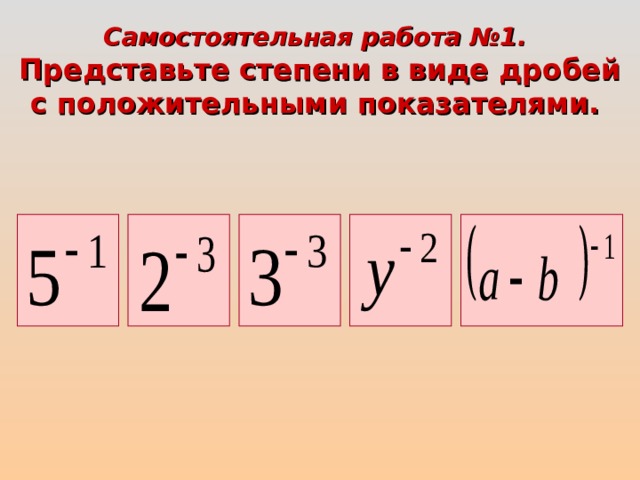 Самостоятельная работа №1.  Представьте степени в виде дробей с положительными показателями. 