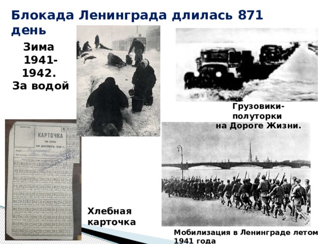 Блокада Ленинграда длилась 871 день Зима 1941-1942. За водой Грузовики-полуторки на Дороге Жизни. Хлебная карточка Мобилизация в Ленинграде летом 1941 года 