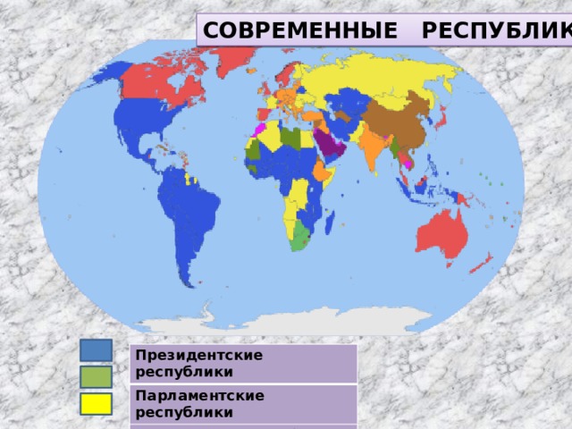СОВРЕМЕННЫЕ РЕСПУБЛИКИ Президентские республики Парламентские республики Смешанные республики 