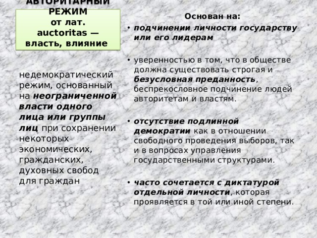 АВТОРИТАРНЫЙ РЕЖИМ  от лат. auctoritas — власть, влияние  Основан на: подчинении личности государству или его лидерам уверенностью в том, что в обществе должна существовать строгая и безусловная преданность , беспрекословное подчинение людей авторитетам и властям.  отсутствие подлинной демократии как в отношении свободного проведения выборов, так и в вопросах управления государственными структурами. часто сочетается с диктатурой отдельной личности , которая проявляется в той или иной степени. недемократический режим, основанный на неограниченной власти одного лица или группы лиц при сохранении некоторых экономических, гражданских, духовных свобод для граждан 