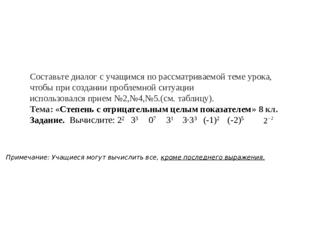 Составьте диалог с учащимся по рассматриваемой теме урока, чтобы при создании проблемной ситуации использовался прием №2,№4,№5.(см. таблицу). Тема: « Степень с отрицательным целым показателем » 8 кл. Задание.  Вычислите: 2 2 3 3 0 7 3 1 3∙3 3 (-1) 2 (-2) 5 Примечание: Учащиеся могут вычислить все, кроме последнего выражения . 