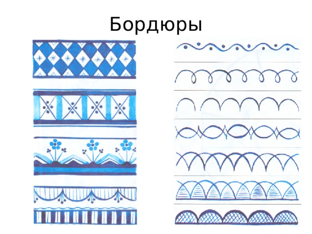 Бордюры Концом кисти наносят жилки, штриховку и прихотливо изогнутые стебельки и усики  
