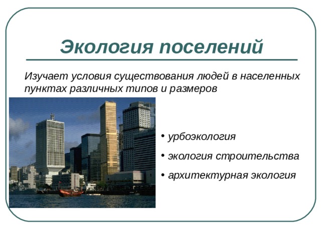 Экология поселений Изучает условия существования людей в населенных пунктах различных типов и размеров  урбоэкология  экология строительства  архитектурная экология 