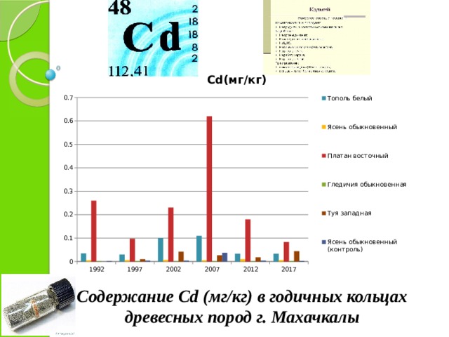 Содержание Cd (мг/кг) в годичных кольцах древесных пород г. Махачкалы 