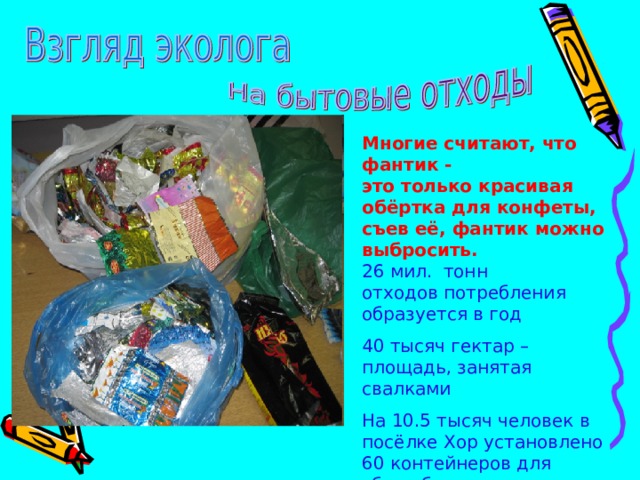 Многие считают, что фантик -  это только красивая обёртка для конфеты, съев её, фантик можно выбросить.  26 мил. тонн отходов потребления образуется в год 40 тысяч гектар – площадь, занятая свалками На 10.5 тысяч человек в посёлке Хор установлено 60 контейнеров для сбора бытовых отходов  