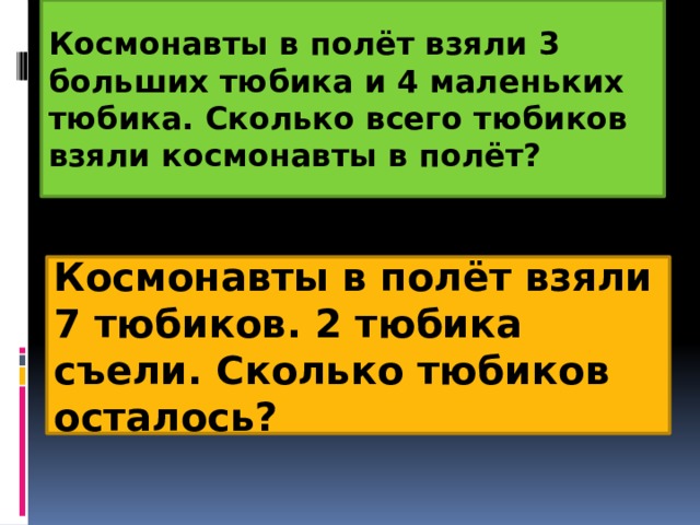 Космонавты в полёт взяли 3 больших тюбика и 4 маленьких тюбика. Сколько всего тюбиков взяли космонавты в полёт? Космонавты в полёт взяли 7 тюбиков. 2 тюбика съели. Сколько тюбиков осталось? 