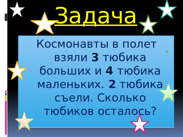 Задача Космонавты в полет взяли 3 тюбика больших и 4 тюбика маленьких. 2 тюбика съели. Сколько тюбиков осталось? 