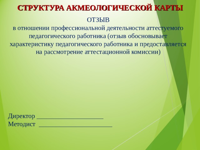СТРУКТУРА АКМЕОЛОГИЧЕСКОЙ КАРТЫ ОТЗЫВ в отношении профессиональной деятельности аттестуемого педагогического работника (отзыв обосновывает характеристику педагогического работника и предоставляется на рассмотрение аттестационной комиссии)                                                         Директор ____________________ Методист ______________________ 