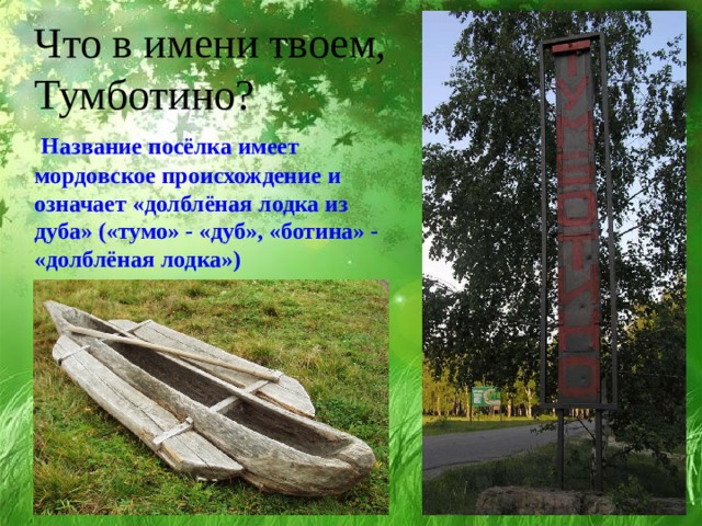 Что в имени твоем, Тумботино?  Название посёлка имеет мордовское происхождение и означает «долблёная лодка из дуба» («тумо» - «дуб», «ботина» - «долблёная лодка») 
