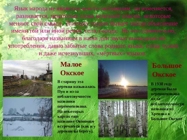Язык народа не является чем-то застывшим, он изменяется, развивается, некоторые слова исчезают совсем, некоторые меняют свой смысл.  Поэтому трудно бывает найти объяснение имени той или иной речки, села, города.  Но что удивительно, благодаря названиям в наши дни звучат вышедшие из употребления, давно забытые слова родного языка, слова чужих и даже исчезнувших, «мёртвых» языков. Малое Окское БольшоеОкское В старину эта деревня называлась Пуп и из-за неблагозвучности названия переименована. На некоторых картах еще название Овинищи встречается (как и у деревни на берегу).  В 1938 году деревня была переименована из-за неблагозвучности названия из Хренова в Большое Окское 