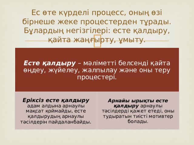 Ес өте күрделі процесс, оның өзі бірнеше жеке процестерден тұрады. Бұлардың негізгілері: есте қалдыру, қайта жаңғырту, ұмыту. Есте қалдыру – мәліметті белсенді қайта өңдеу, жүйелеу, жалпылау және оны теру процестері. Еріксіз есте қалдыру адам алдына арнаулы мақсат қоймайды, есте қалдырудың арнаулы тәсілдерін пайдаланбайды . Арнайы ырықты есте қалдыру арнаулы тәсілдерді қажет етеді, оны тудыратын тиісті мотивтер болады. 