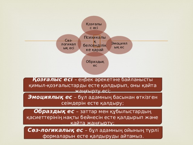 Қозғалыс есі Психикалық белсенділікке қарай Сөз-логикалық есі Эмоциялық ес Образдық ес Қозғалыс есі – еңбек әрекетіне байланысты қимыл-қозғалыстарды есте қалдырып, оны қайта жаңғырту есі; Эмоциялық ес – бұл адамның басынан өткізген сеімдерін есте қалдыру; Образдық ес – заттар мен құбылыстардың қасиеттерінің нақты бейнесін есте қалдырып және қайта жаңғырту; Сөз-логикалық ес – бұл адамның ойының түрлі формаларын есте қалдыруды айтамыз. 