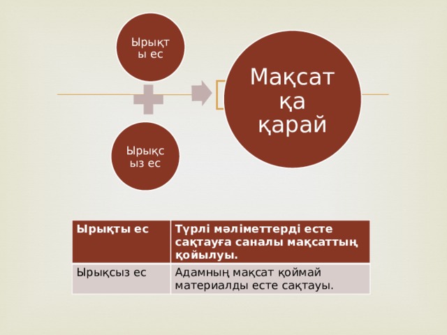 Ырықты ес Мақсатқа қарай Ырықсыз ес Ырықты ес Ырықсыз ес Түрлі мәліметтерді есте сақтауға саналы мақсаттың қойылуы. Адамның мақсат қоймай материалды есте сақтауы. 