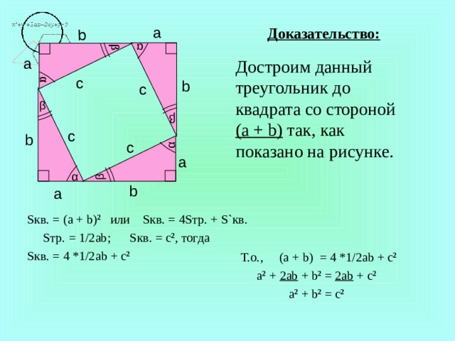 b α β α β α β a Доказательство: a Достроим данный треугольник до квадрата со стороной ( a + b)  так, как показано на рисунке. c b с β c b c a α b a S кв. = (a + b) 2  или S кв. = 4 S тр. + S` кв.  S тр. = 1/2 ab ; S кв. = c 2 , тогда S кв. = 4 *1/2 ab + c 2 Т.о., (a + b) = 4 *1/2 ab + c 2   a 2 + 2ab + b 2 = 2ab + c 2  a 2 + b 2 = c 2 
