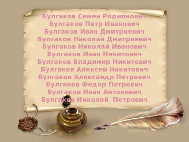  Булгаков Семен Родионович  Булгаков Петр Иванович  Булгаков Иван Дмитриевич  Булгаков Николай Дмитриевич  Булгаков Николай Иванович  Булгаков Иван Никитович  Булгаков Владимир Никитович  Булгаков Алексей Никитович  Булгаков Александр Петрович  Булгаков Федор Петрович  Булгаков Иван Антонович  Булгаков Николай Петрович   