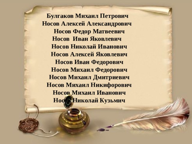  Булгаков Семен Родионович  Булгаков Петр Иванович  Булгаков Иван Дмитриевич  Булгаков Николай Дмитриевич  Булгаков Николай Иванович  Булгаков Иван Никитович  Булгаков Владимир Никитович  Булгаков Алексей Никитович  Булгаков Александр Петрович  Булгаков Федор Петрович  Булгаков Иван Антонович  Булгаков Николай Петрович   Булгаков Михаил Петрович Носов Алексей Александрович Носов Федор Матвеевич Носов Иван Яковлевич Носов Николай Иванович Носов Алексей Яковлевич Носов Иван Федорович Носов Михаил Федорович Носов Михаил Дмитриевич Носов Михаил Никифорович Носов Михаил Иванович Носов Николай Кузьмич 