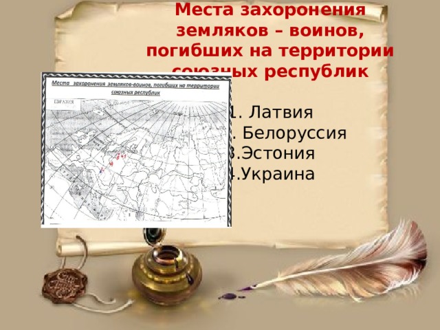   Места захоронения земляков – воинов, погибших на территории союзных республик Латвия  2. Белоруссия 3.Эстония 4.Украина 