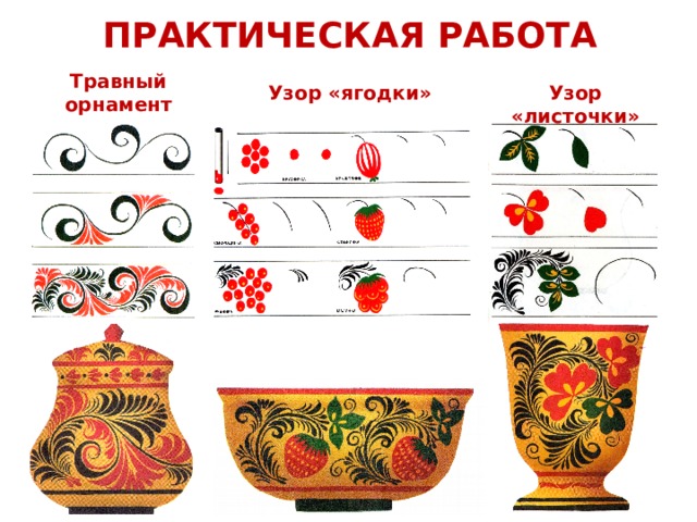 ПРАКТИЧЕСКАЯ РАБОТА Травный орнамент Узор «листочки» Узор «ягодки» 