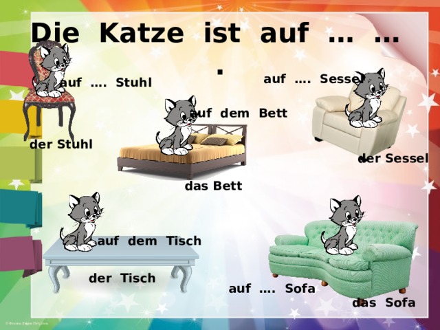 Die Katze ist auf … … . auf …. Sessel auf …. Stuhl auf dem Bett der Stuhl der Sessel das Bett auf dem Tisch der Tisch auf …. Sofa das Sofa 