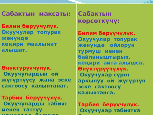   Сабактын максаты: Сабактын көрсөткүчү:   Билим берүүчүлүк. Окуучулар топурак жөнүндө Билим берүүчүлүк. Окуучулар топурак жөнүндө ойлорун турмуш менен байланыштырып, кеңири айта алышса. кеңири маалымат алышат.  Өнүктүрүүчүлүк.  Окуучулар сүрөт аркылуу ой жүгүртүп эске сактоосу калыптанса.   Өнүктүрүүчүлүк. Тарбия берүүчүлүк.  Окуучулардын ой жүгүртүүсү жана эске сактоосу калыптанат.  Окуучулар табиятка болгон кызыгуусу артып, патриоттуулук сезими ойгонсо .   Тарбия берүүчүлүк.   Окуучуларды табият менен таттуу мамиледе болууга тарбиялоо.    