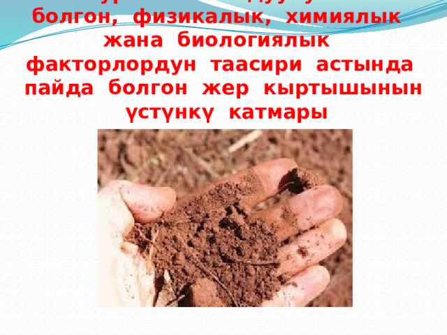 Топурак - асылдуулука ээ болгон, физикалык, химиялык жана биологиялык факторлордун таасири астында пайда болгон жер кыртышынын үстүнкү катмары 